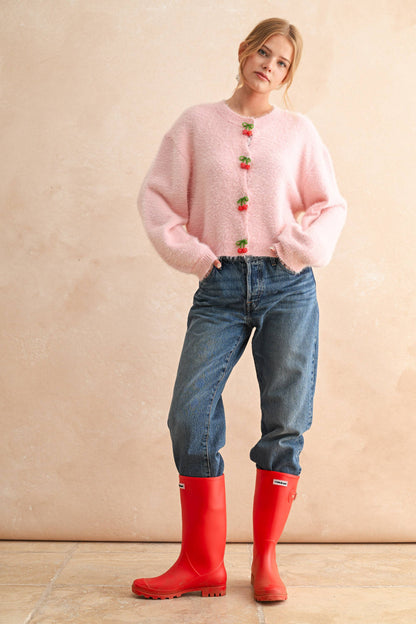 J5696   CHERRY BUTTON FRONT SOFT CARDIGAN