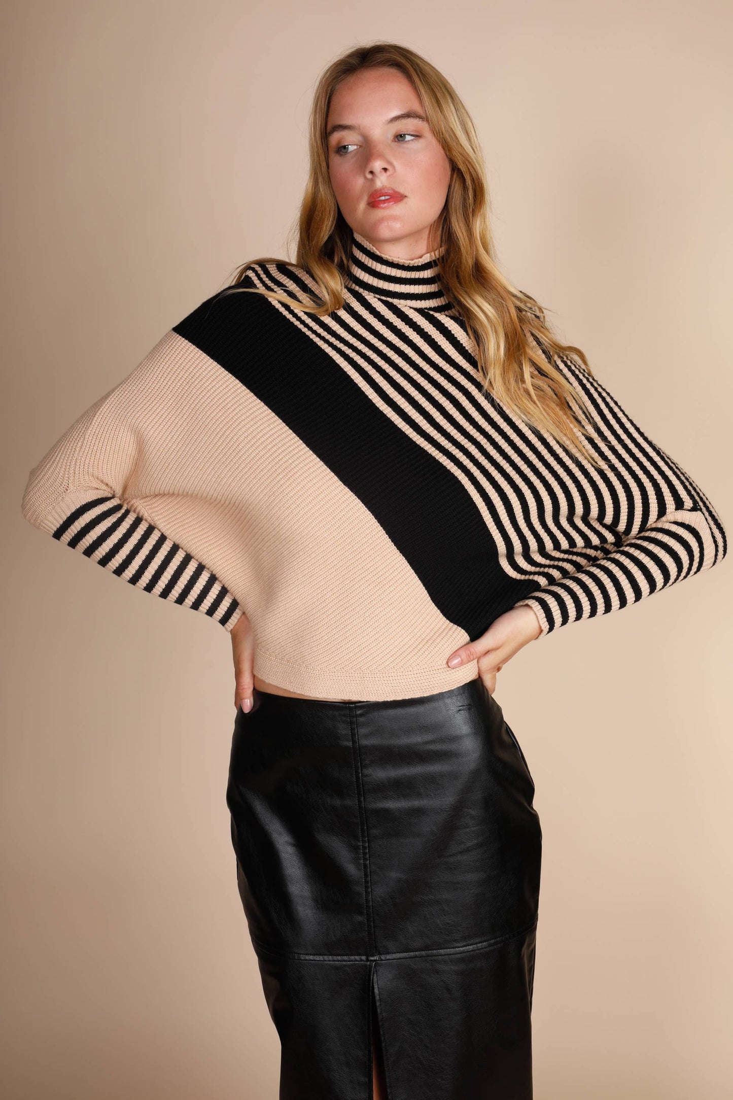 TURTLE NECK DIAGONAL STRIPES SWEATER