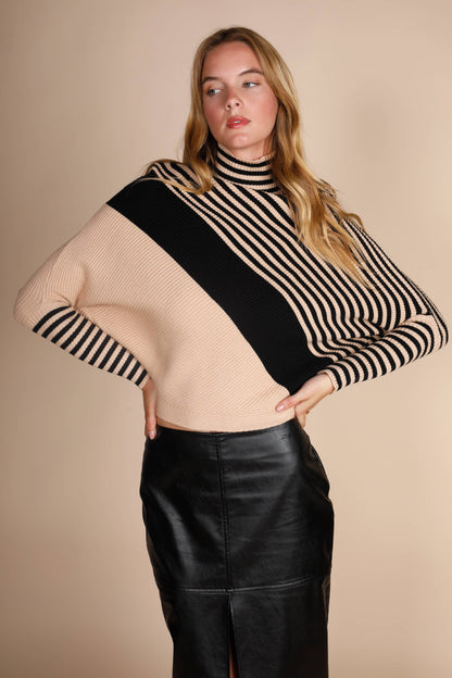 TURTLE NECK DIAGONAL STRIPES SWEATER