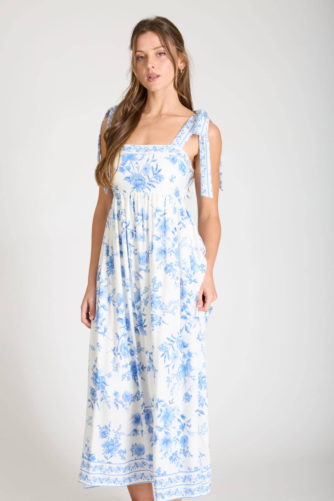 FLORAL BORDER EMPIRE WAIST TIE STRAP MIDI DRESS