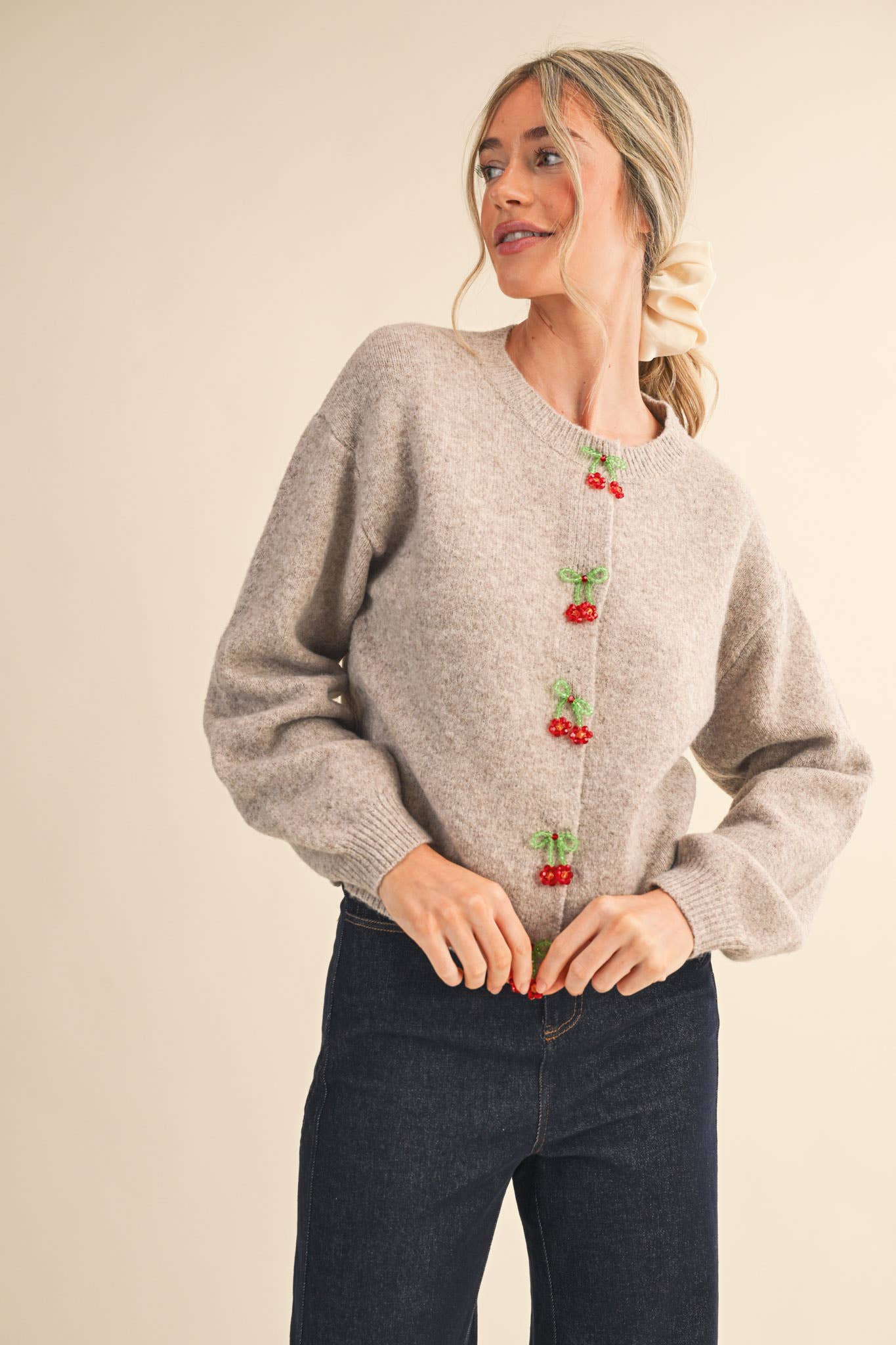 BEADED BOW FLORAL BUTTON SWEATER CARDIGAN MSW11256