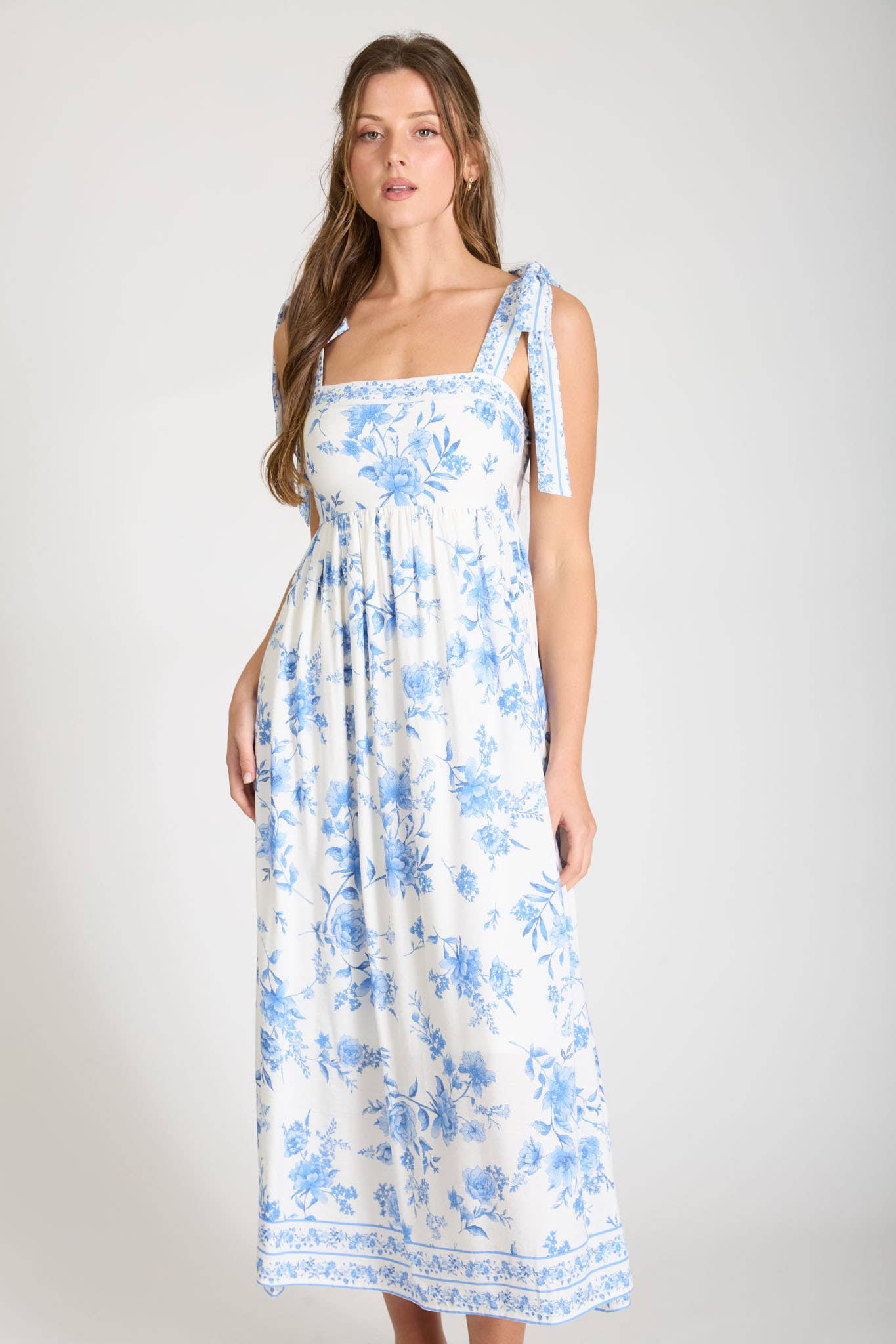 FLORAL BORDER EMPIRE WAIST TIE STRAP MIDI DRESS