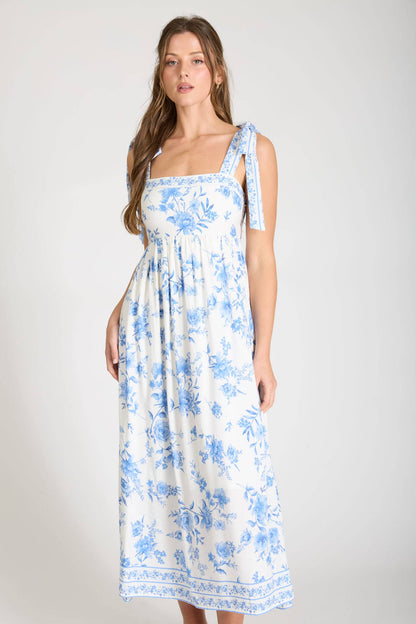 FLORAL BORDER EMPIRE WAIST TIE STRAP MIDI DRESS