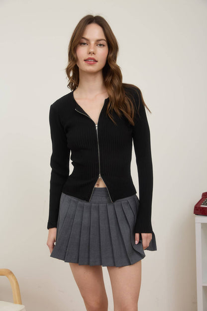 TWO-WAY ZIPPER LONG SLEEVE SWEATER KNIT CARDIGAN