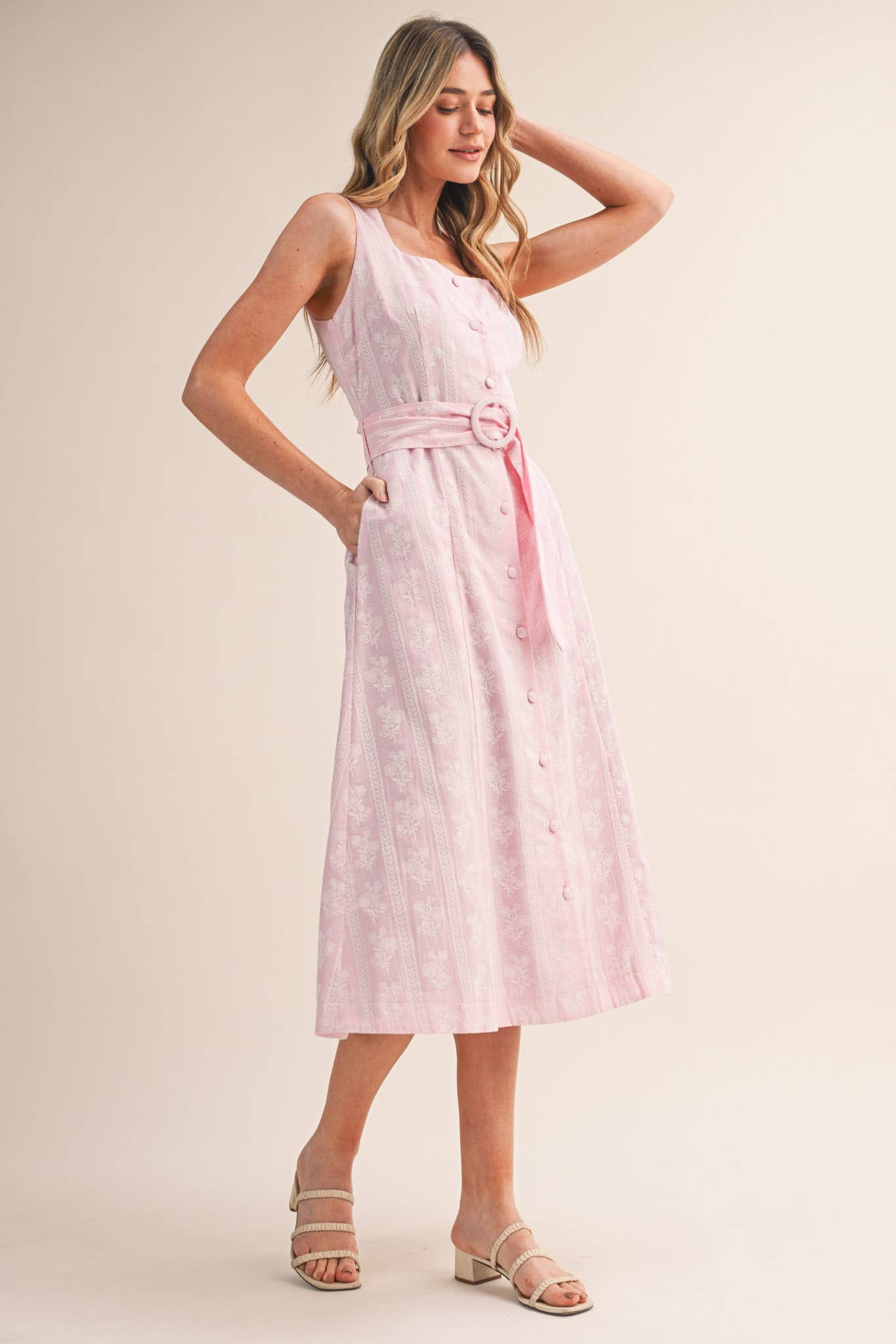 STRIPED FLORAL PRINT BUTTON DOWN BELTED MIDI DRESS MDR4811