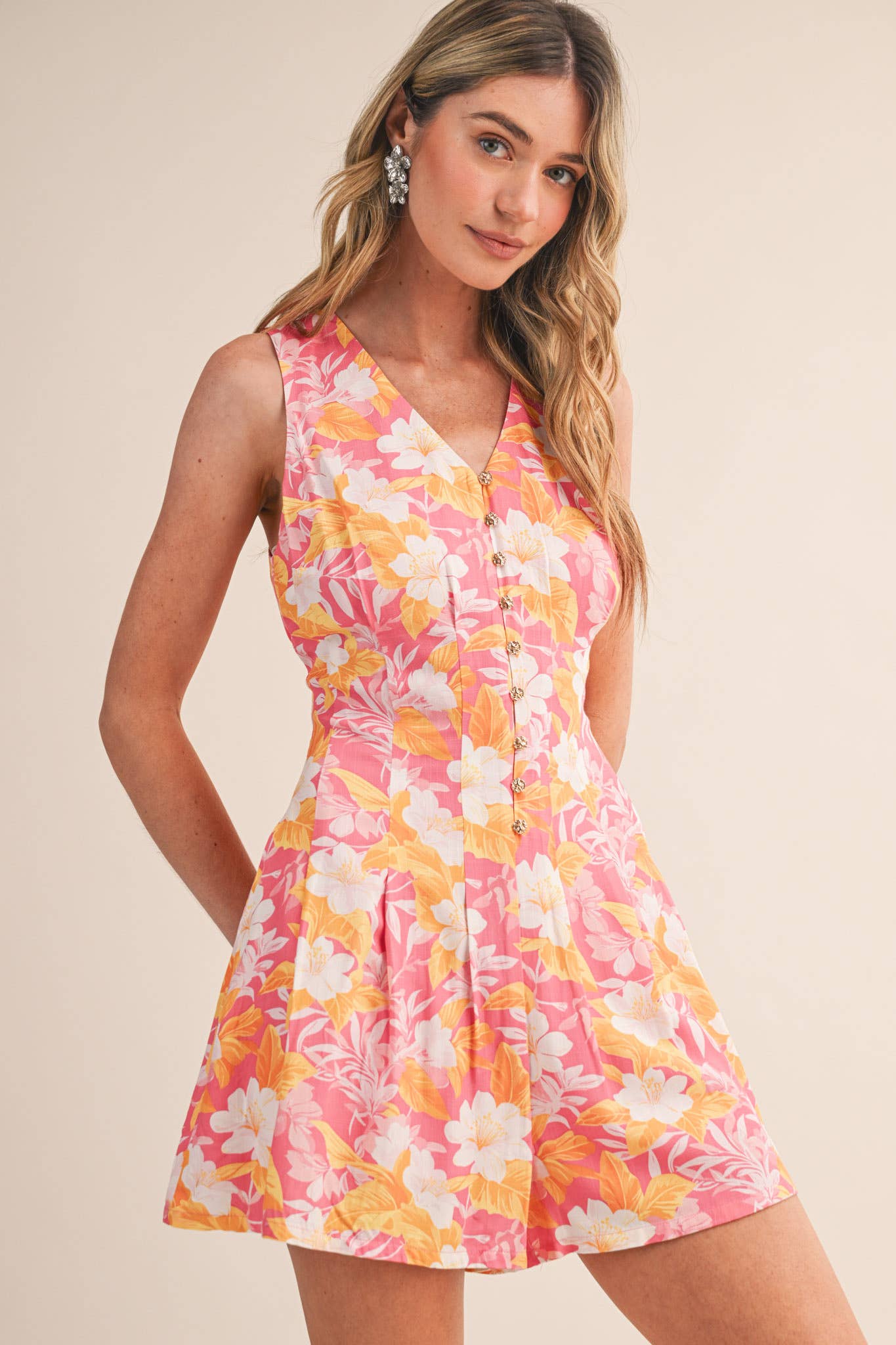TROPICAL FLORAL PLEATED WAIST BUTTON UP ROMPER MP4884