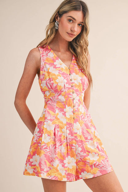 TROPICAL FLORAL PLEATED WAIST BUTTON UP ROMPER MP4884