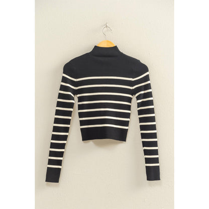 Striped Ribbed High Neck Cropped Knit Top
