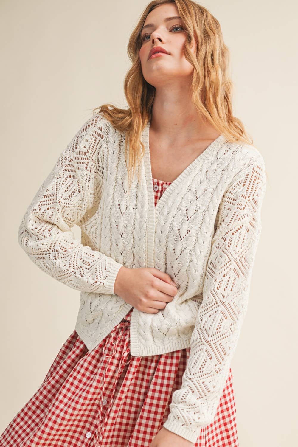 J6443   LIGHT WEIGHT CABLE KNIT CARDIGAN