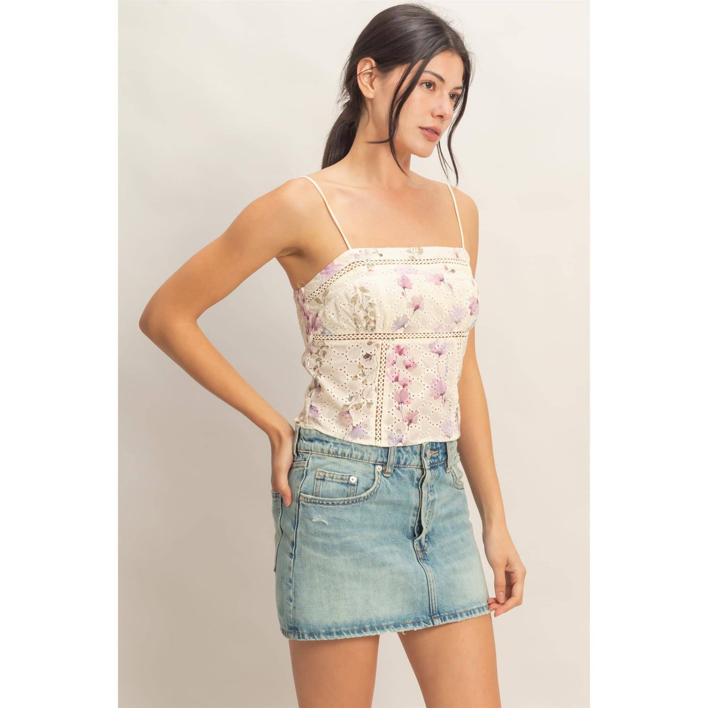 Lace Trim Floral Strap Tank