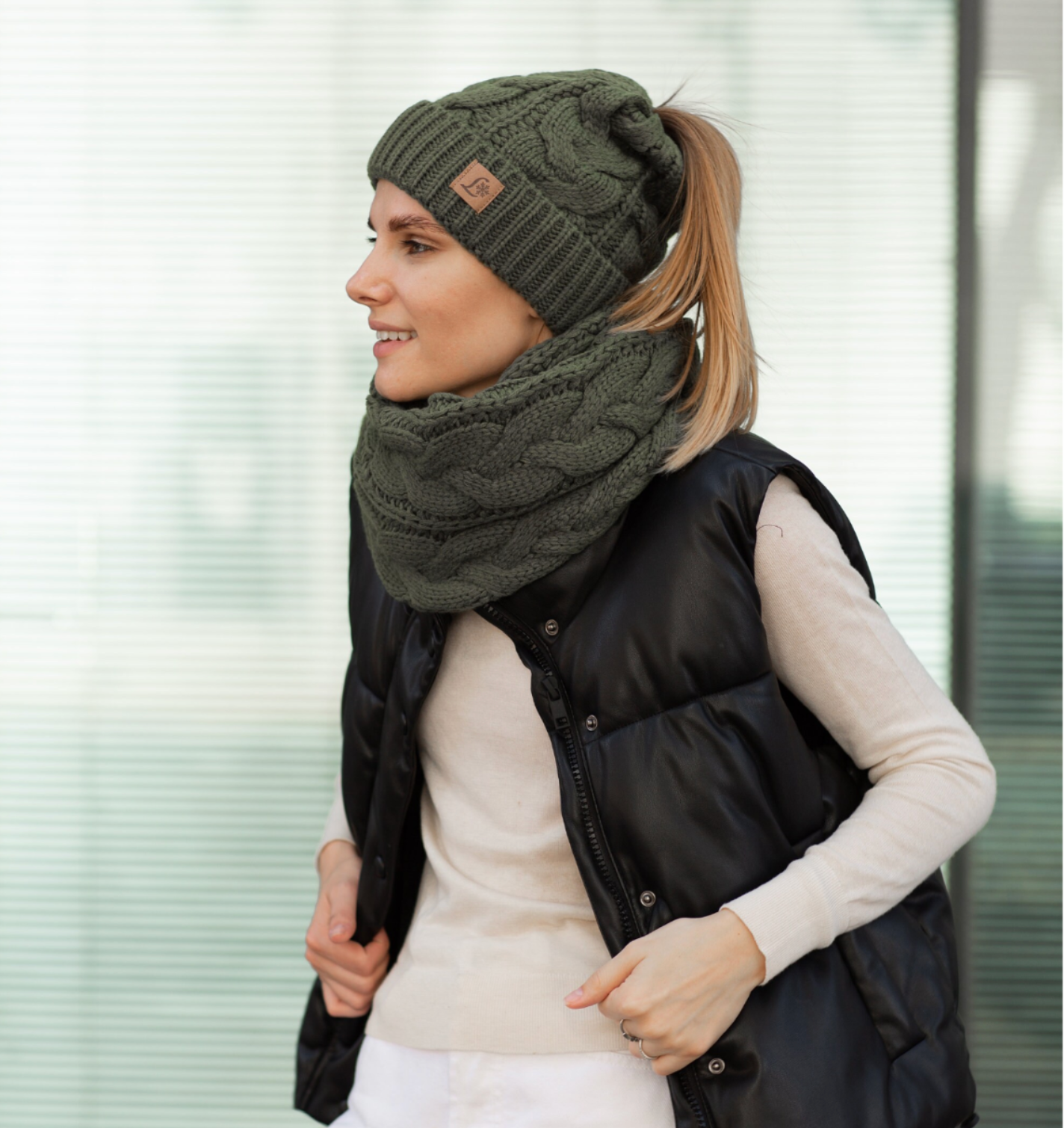 Winter Ponytail Hat Scarf Knit Beanie and Scarf Set