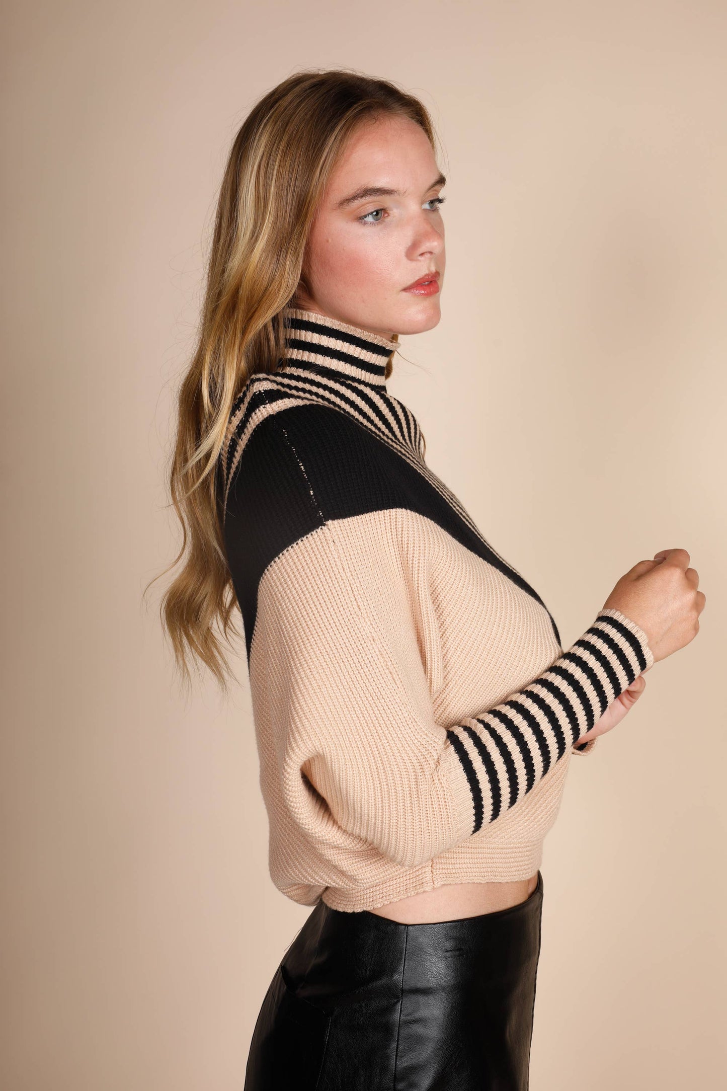 TURTLE NECK DIAGONAL STRIPES SWEATER
