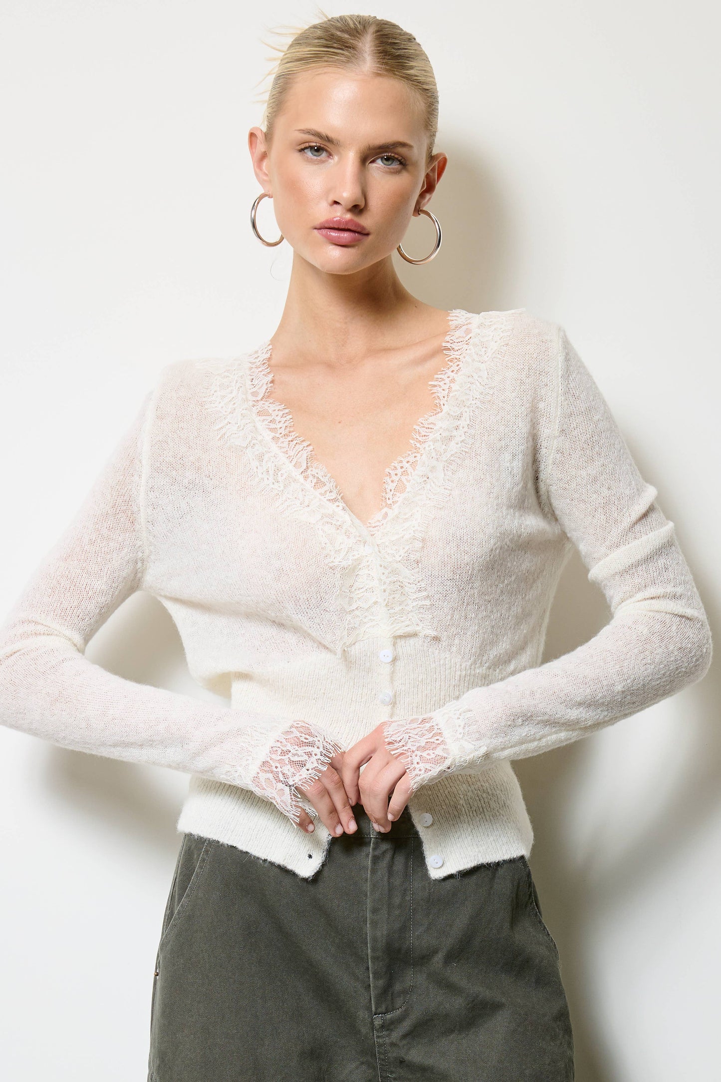 Lace Trim V Neck Knit Cardigan