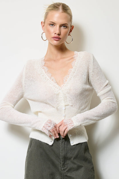 Lace Trim V Neck Knit Cardigan