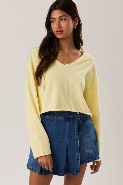 DROP SHOULDER V-NECK BOXY CROPPED SWEATER
