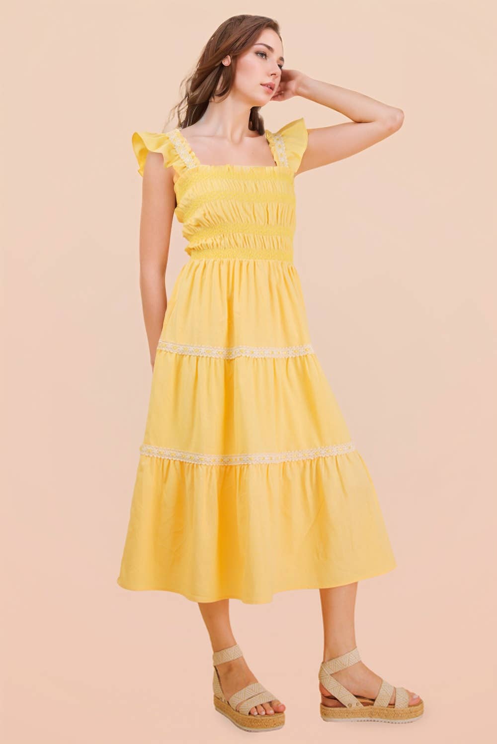 ND31741-Smocking Detail Solid Woven Midi Dress