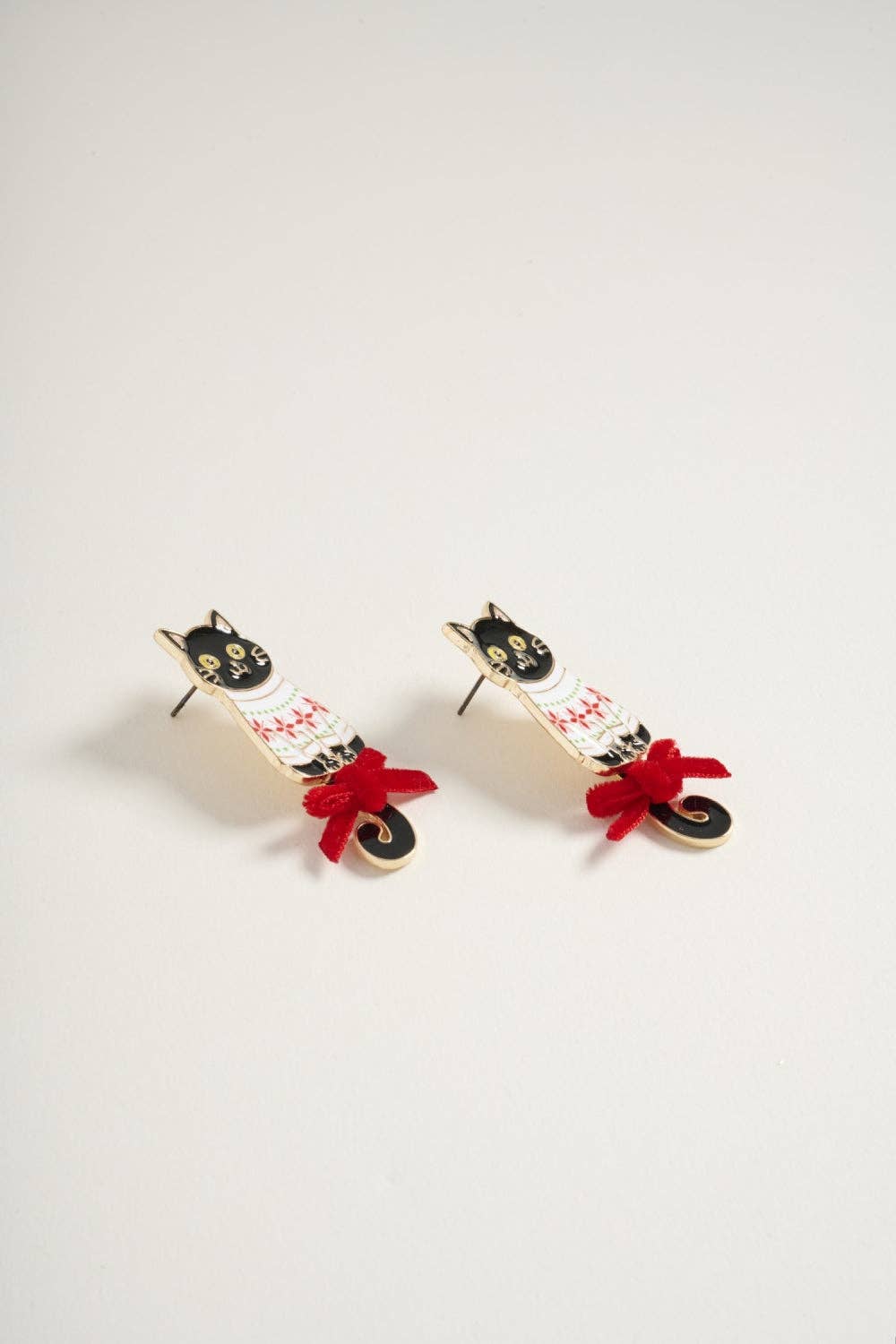 Cat in Christmas Sweater with Ribbon Post Earrings