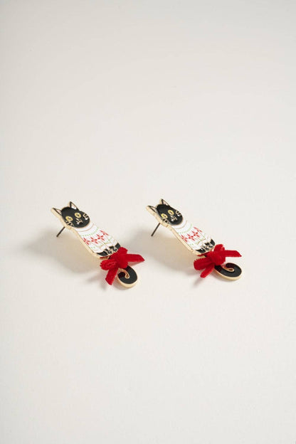 Cat in Christmas Sweater with Ribbon Post Earrings
