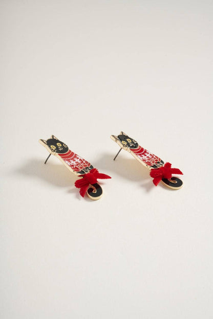 Cat in Christmas Sweater with Ribbon Post Earrings