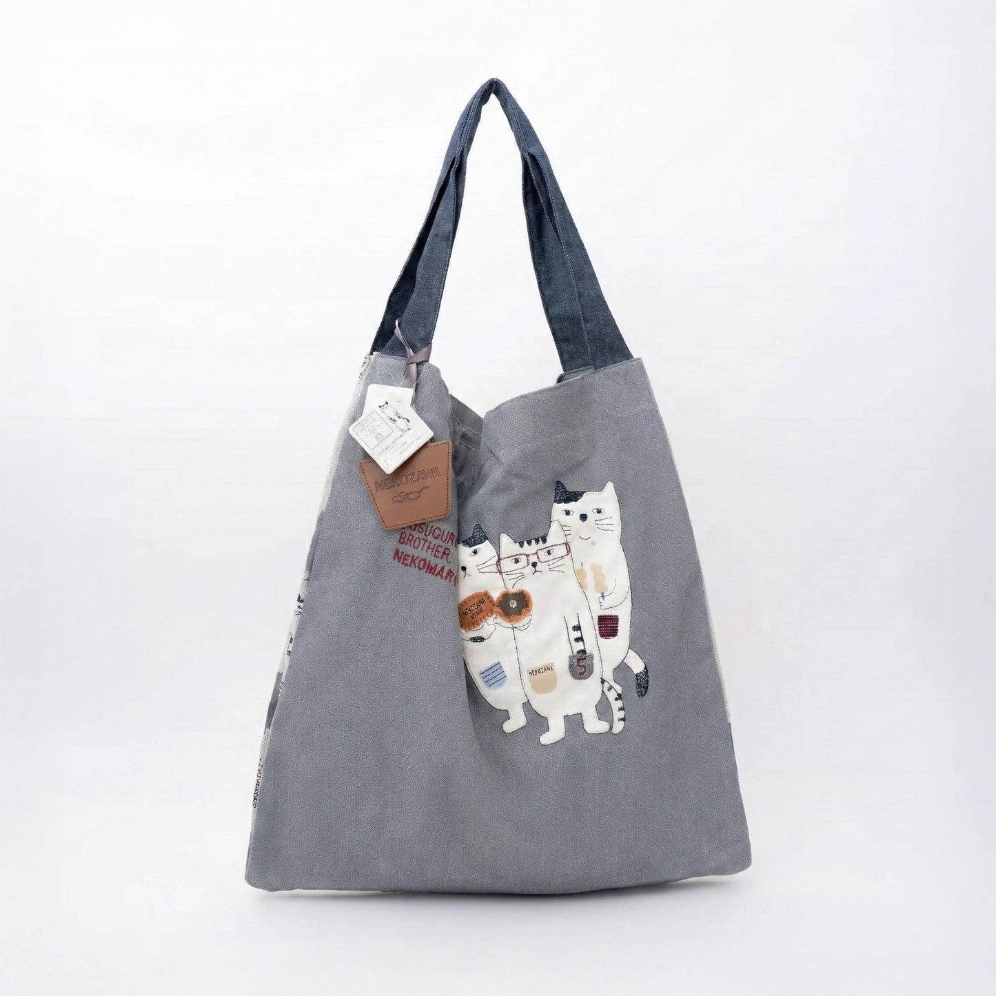 Kusuguru Japan Three Cats Embroidered Large Tote Bag - Gray