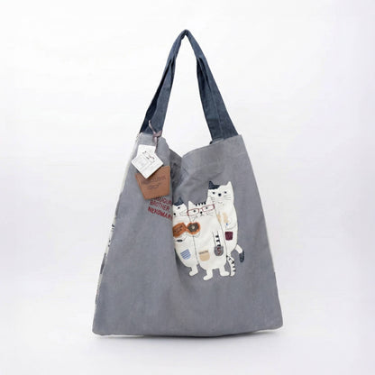 Kusuguru Japan Three Cats Embroidered Large Tote Bag - Gray