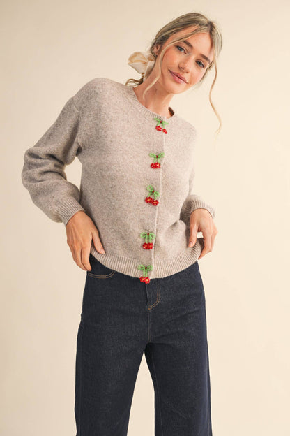 BEADED BOW FLORAL BUTTON SWEATER CARDIGAN MSW11256
