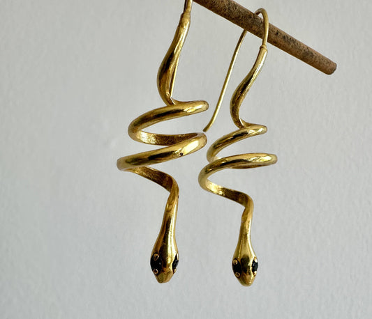 Green Zircon Eyes | Gold Snake Hoop Earrings | Spiral Snake