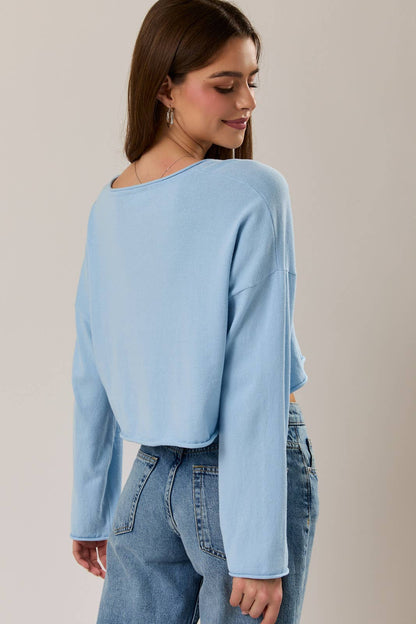 DROP SHOULDER V-NECK BOXY CROPPED SWEATER