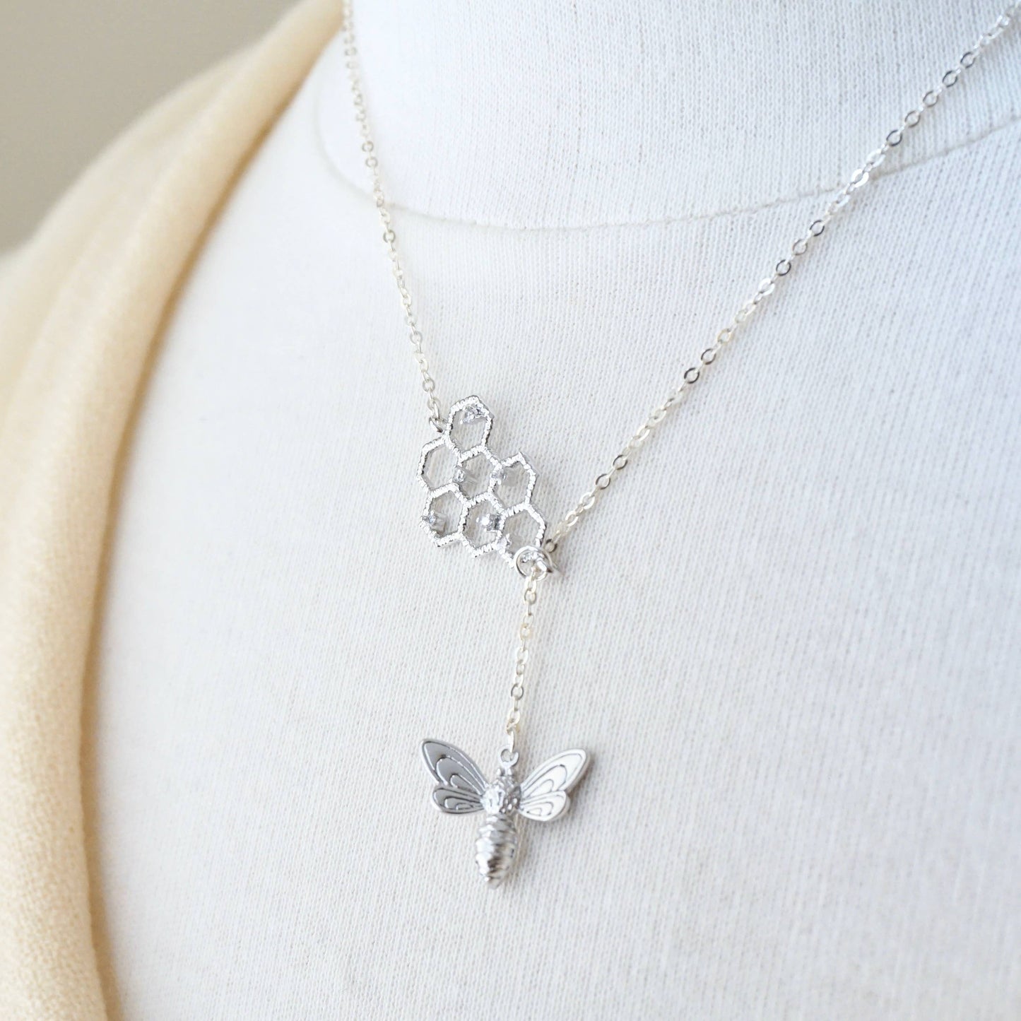 Honeycomb Bee Lariat Necklace, Gold Bee Necklace, Dainty