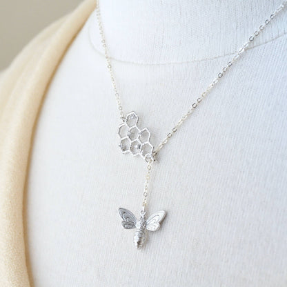 Honeycomb Bee Lariat Necklace, Gold Bee Necklace, Dainty