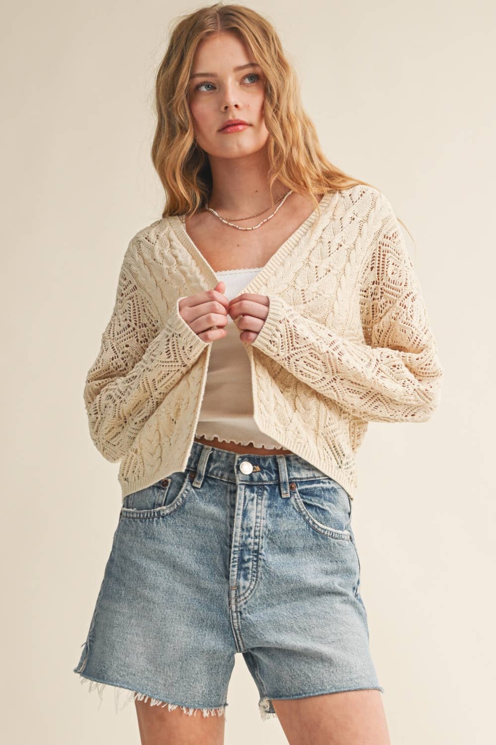 J6443   LIGHT WEIGHT CABLE KNIT CARDIGAN