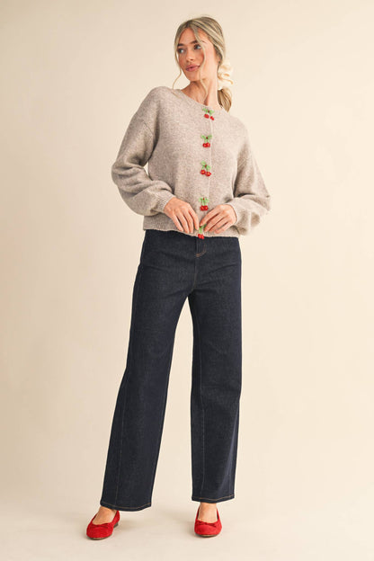 BEADED BOW FLORAL BUTTON SWEATER CARDIGAN MSW11256