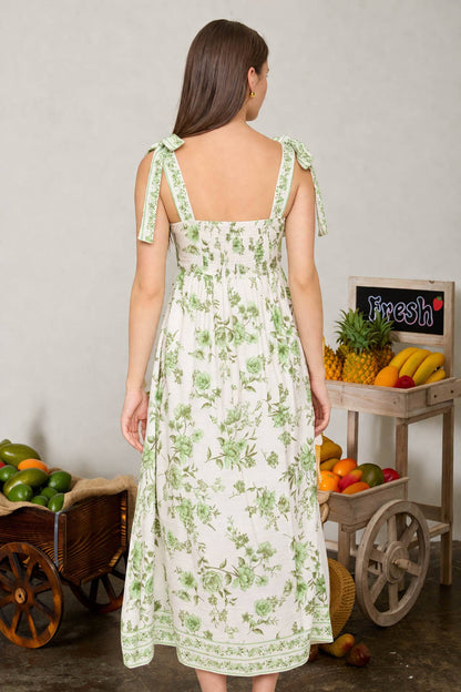 FLORAL BORDER EMPIRE WAIST TIE STRAP MIDI DRESS