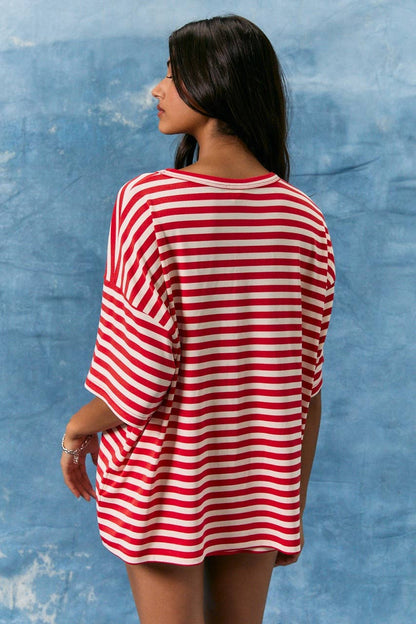 SHORT SLEEVE ROUND NECK OVERSIZED STRIPE T-SHIRT
