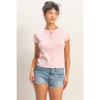 Button Front Short Sleeve Knit Top