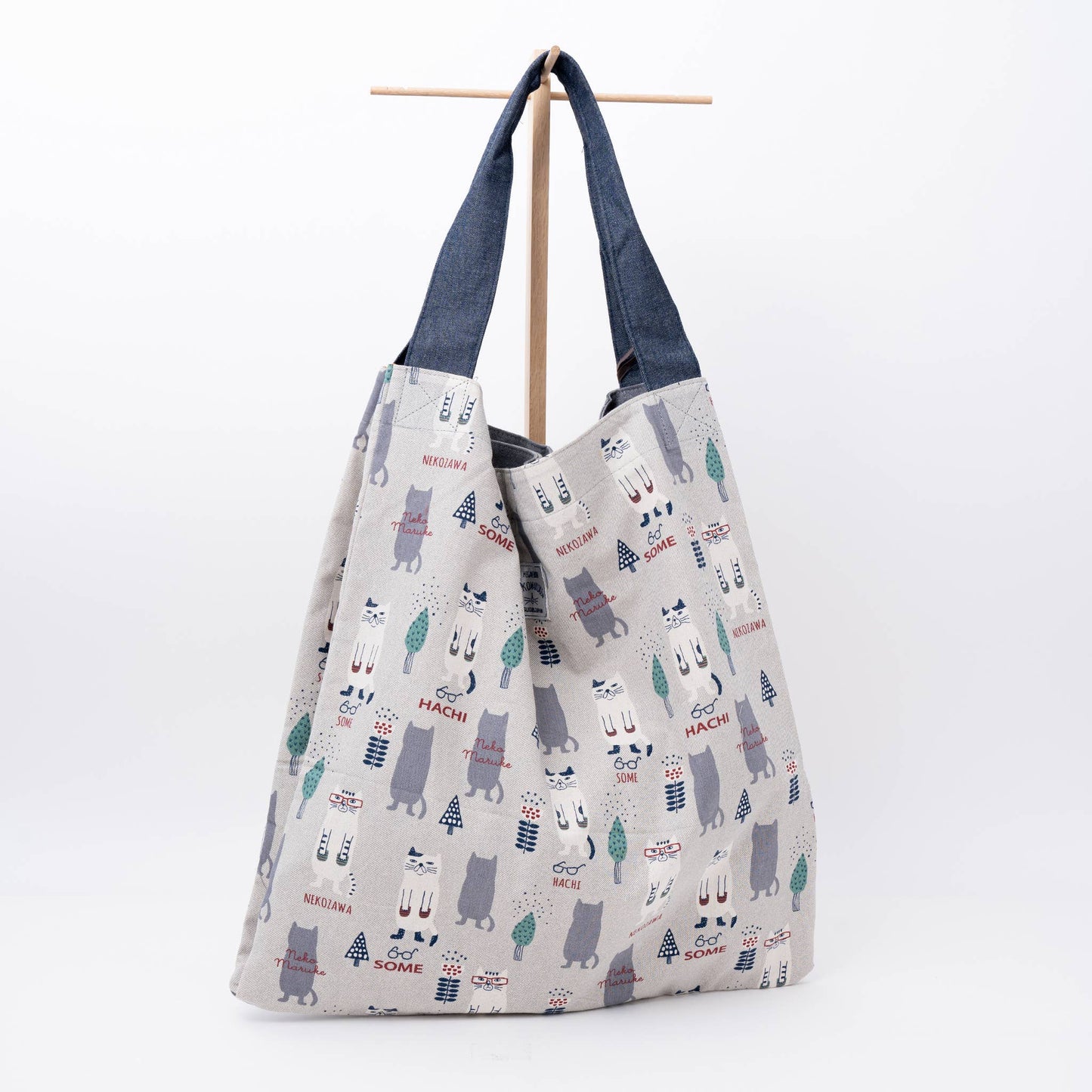 Kusuguru Japan Three Cats Embroidered Large Tote Bag - Gray