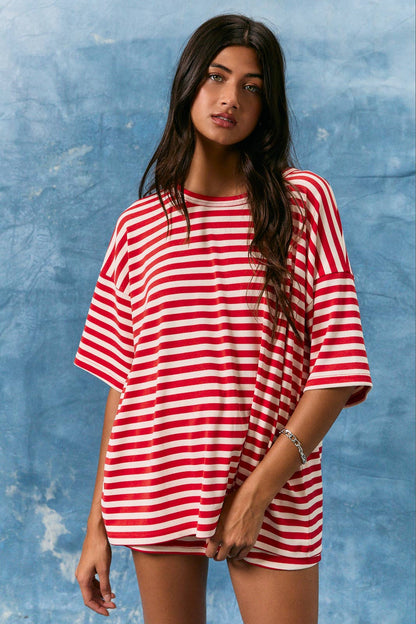 SHORT SLEEVE ROUND NECK OVERSIZED STRIPE T-SHIRT