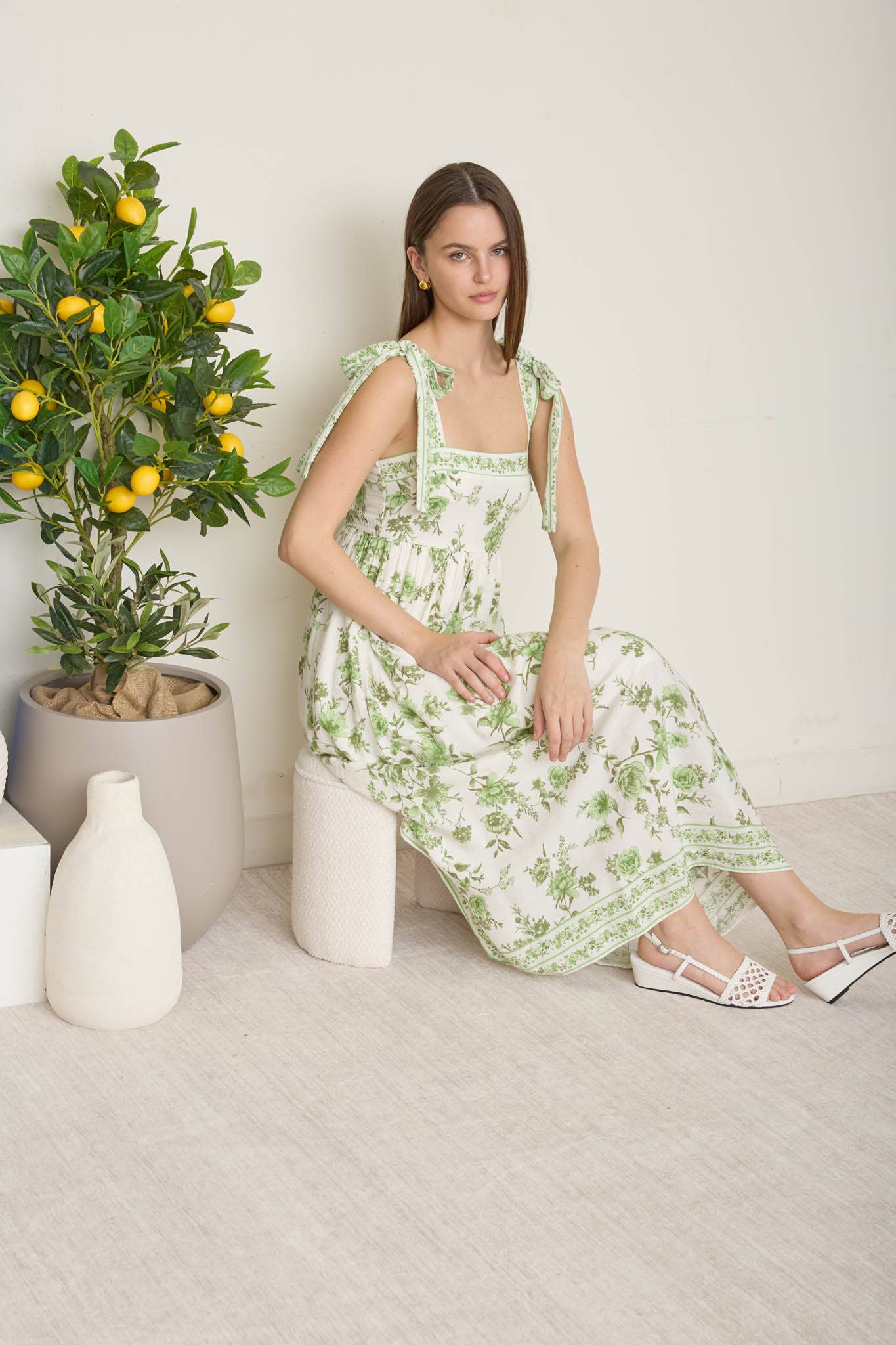 FLORAL BORDER EMPIRE WAIST TIE STRAP MIDI DRESS