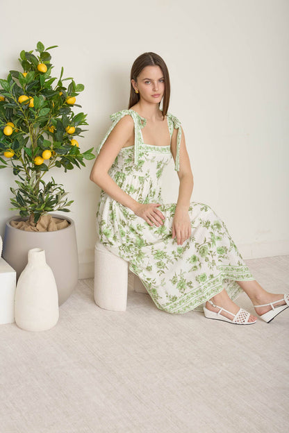 FLORAL BORDER EMPIRE WAIST TIE STRAP MIDI DRESS