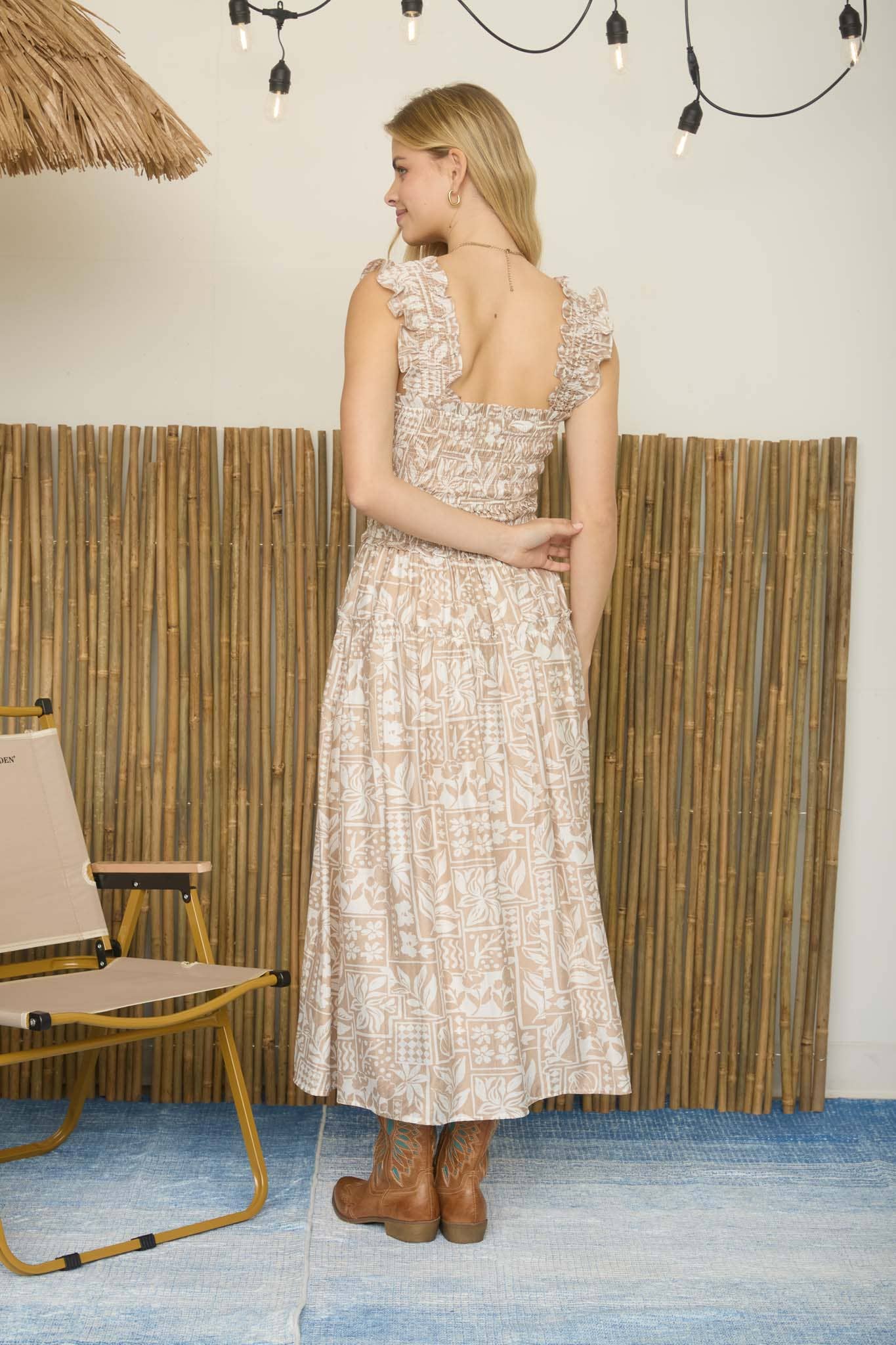 TILE PATTERN SMOCKED RUFFLE STRAP MIDI DRESS