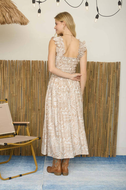 TILE PATTERN SMOCKED RUFFLE STRAP MIDI DRESS