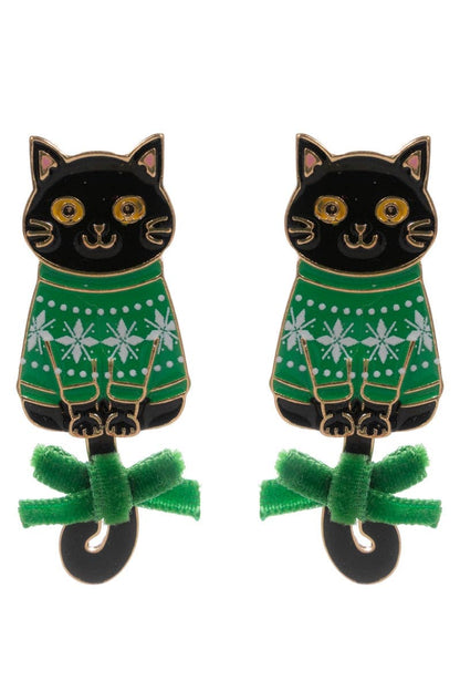 Cat in Christmas Sweater with Ribbon Post Earrings