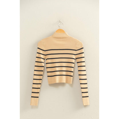Striped Ribbed High Neck Cropped Knit Top