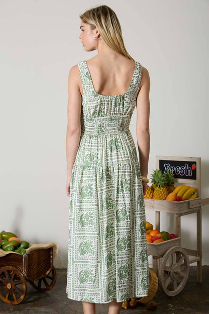 FLORAL TILE PRINT SLEEVELESS SMOCKED MIDI DRESS