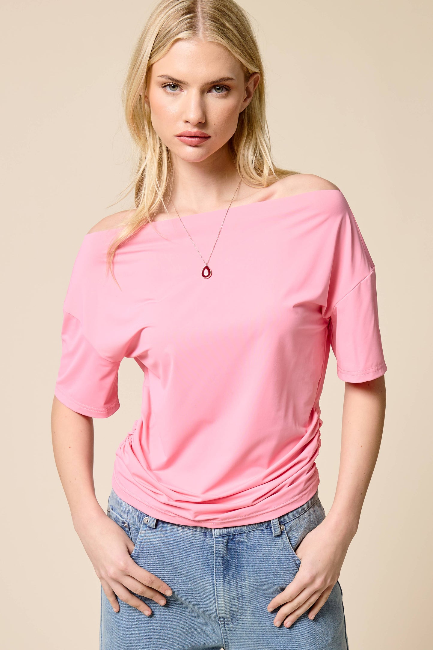 Ruched One Shoulder Short Sleeve Top