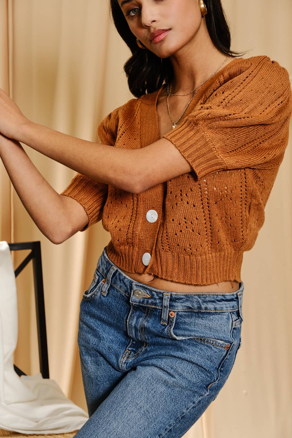 JW6198 Three Button 3/4 Sleeve Knitted Cardigan