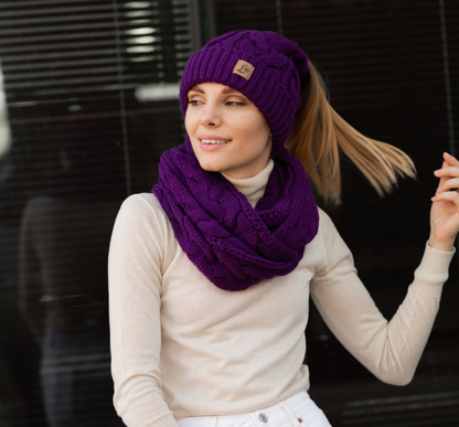 Winter Ponytail Hat Scarf Knit Beanie and Scarf Set