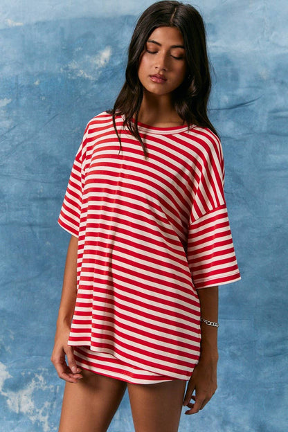 SHORT SLEEVE ROUND NECK OVERSIZED STRIPE T-SHIRT