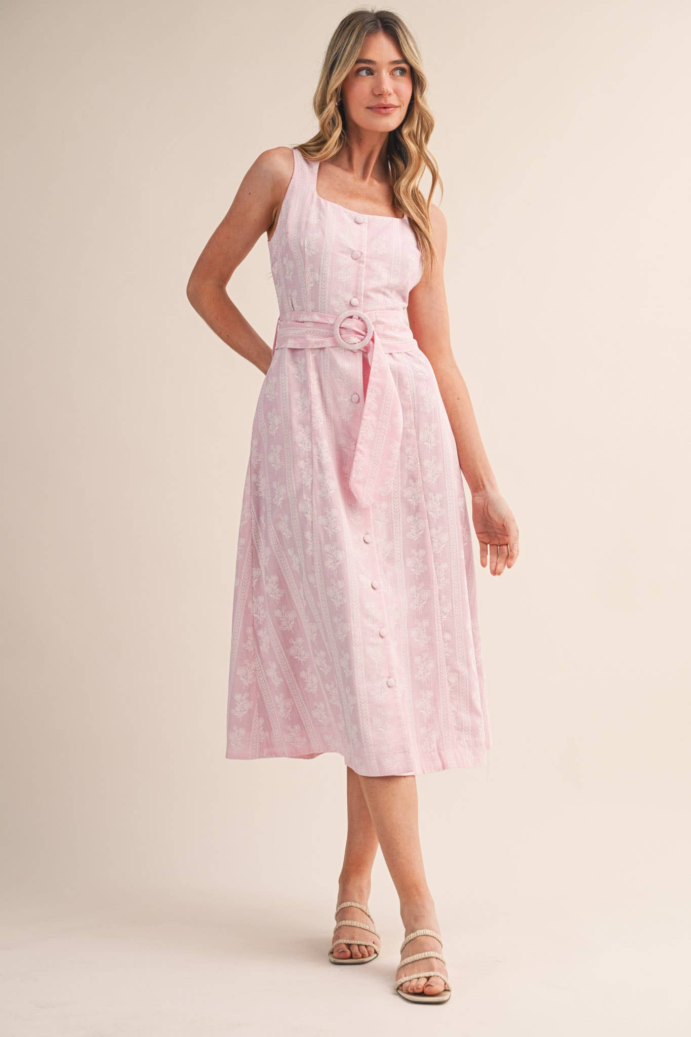 STRIPED FLORAL PRINT BUTTON DOWN BELTED MIDI DRESS MDR4811