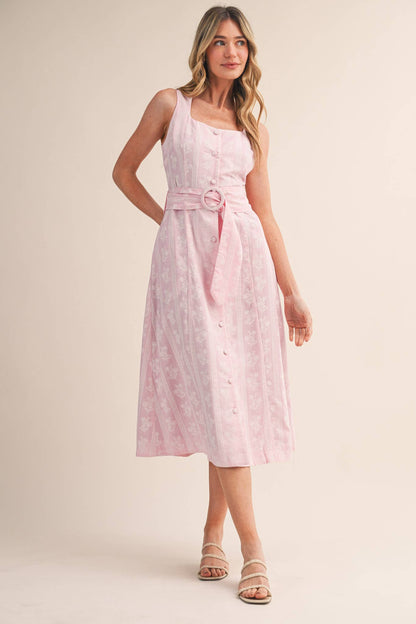 STRIPED FLORAL PRINT BUTTON DOWN BELTED MIDI DRESS MDR4811